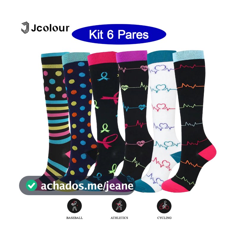 Jcolour 6 Pares Meias De Compressão Joelho Alto 30mmHg Esportivas Diabetes Varizes Correndo Ciclismo