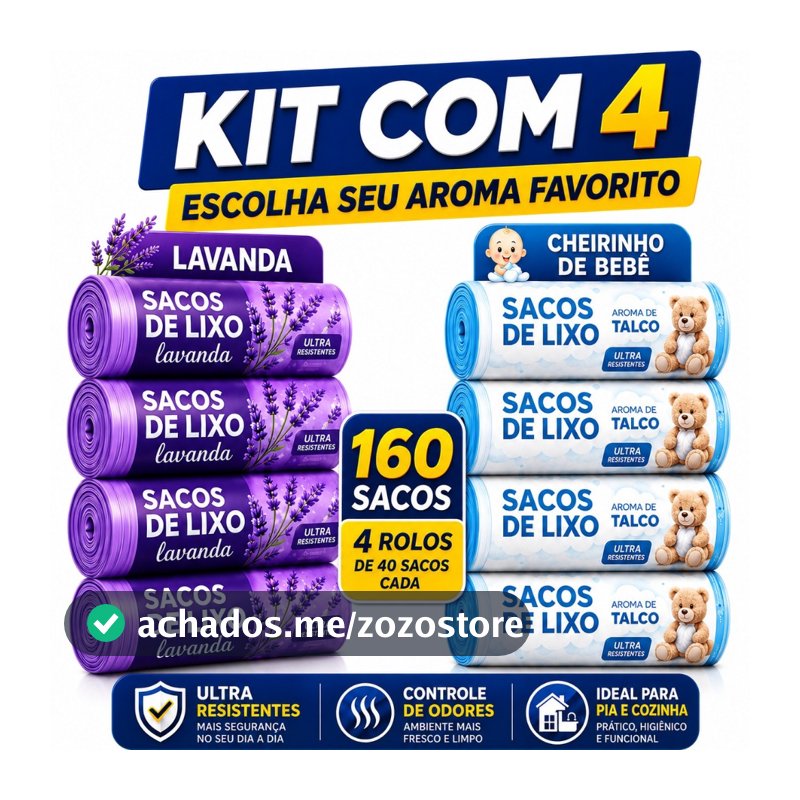 Kit 4 Rolos de Sacos de Lixo 10L 160 Unidades Perfumado Lavanda Talco Cheirinho Bebê Pia Banheiro