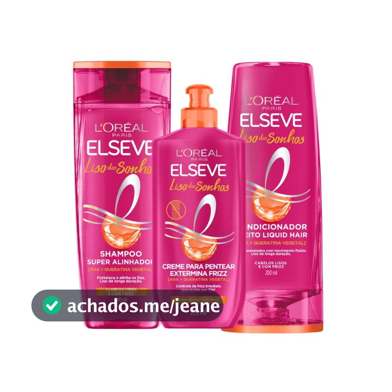 Kit Elseve Liso Dos Sonhos AHA + Queratina Vegetal Shampoo 200ml + Condicionador 200ml + Creme Pentear (3 produtos)