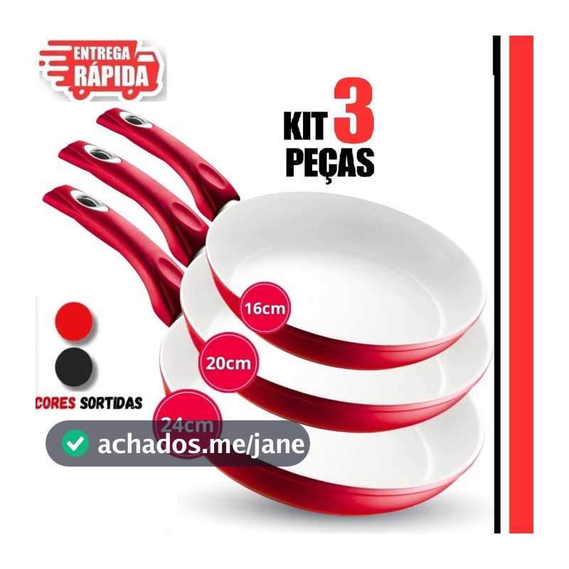 Kit 3/2/1 Frigideiras 16cm 20cm 24cm, em Cerâmica Antiaderentes  Cabo Ergonômico Revestimento Cerâmico PRETO OU VERMELHO
