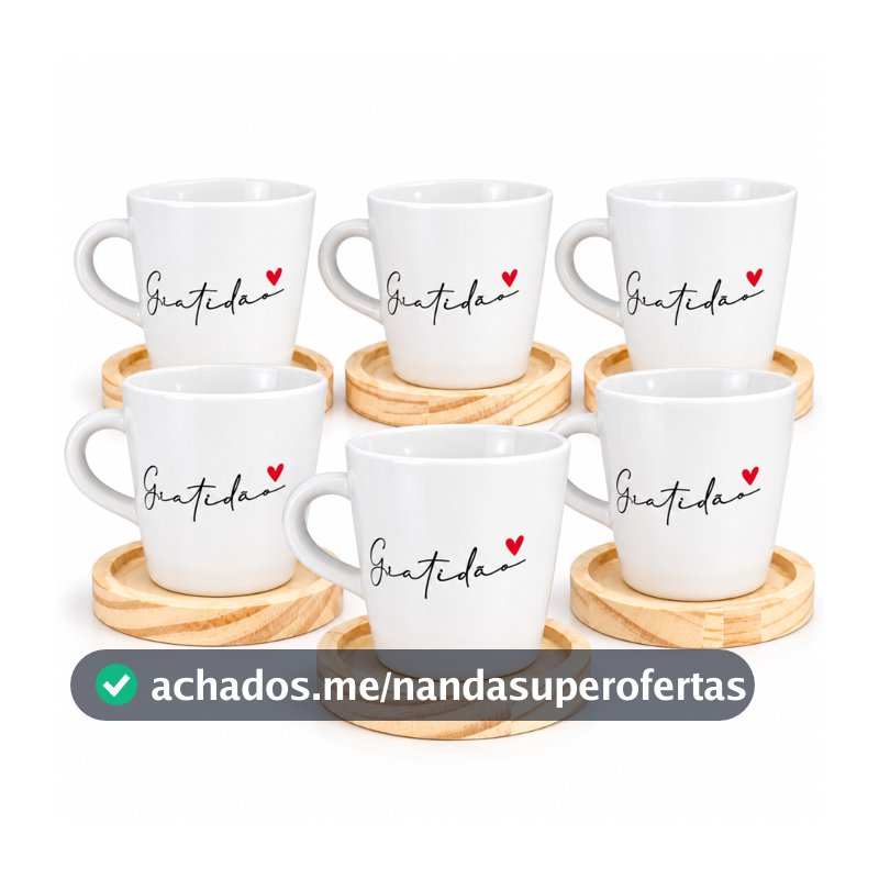 Kit 6 Xicaras / Canecas Porcelana Branco 120ml C/ Pires De Madeira Redondo Gratidão Spot