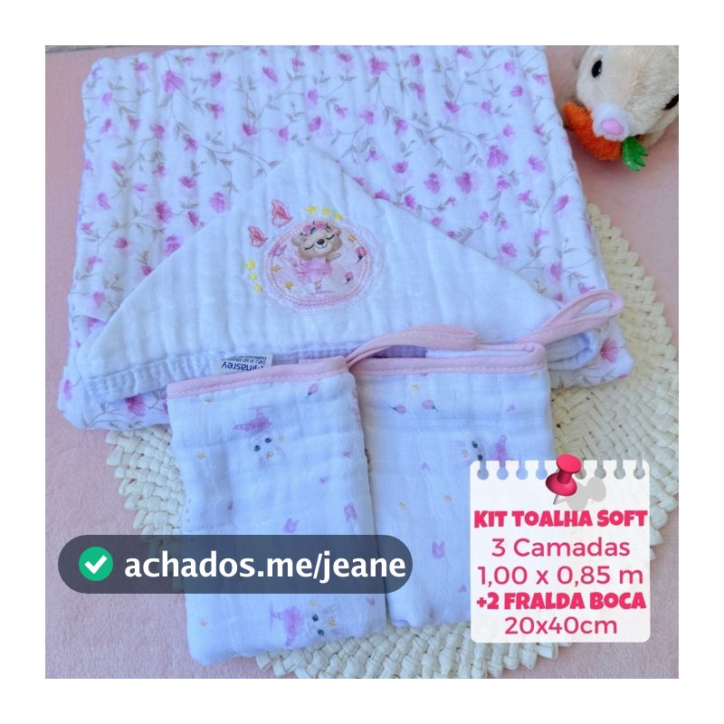 Kit Toalha de Banho de Bebê Fralda Soft 3 camadas com capuz +  2 panos de boca soft