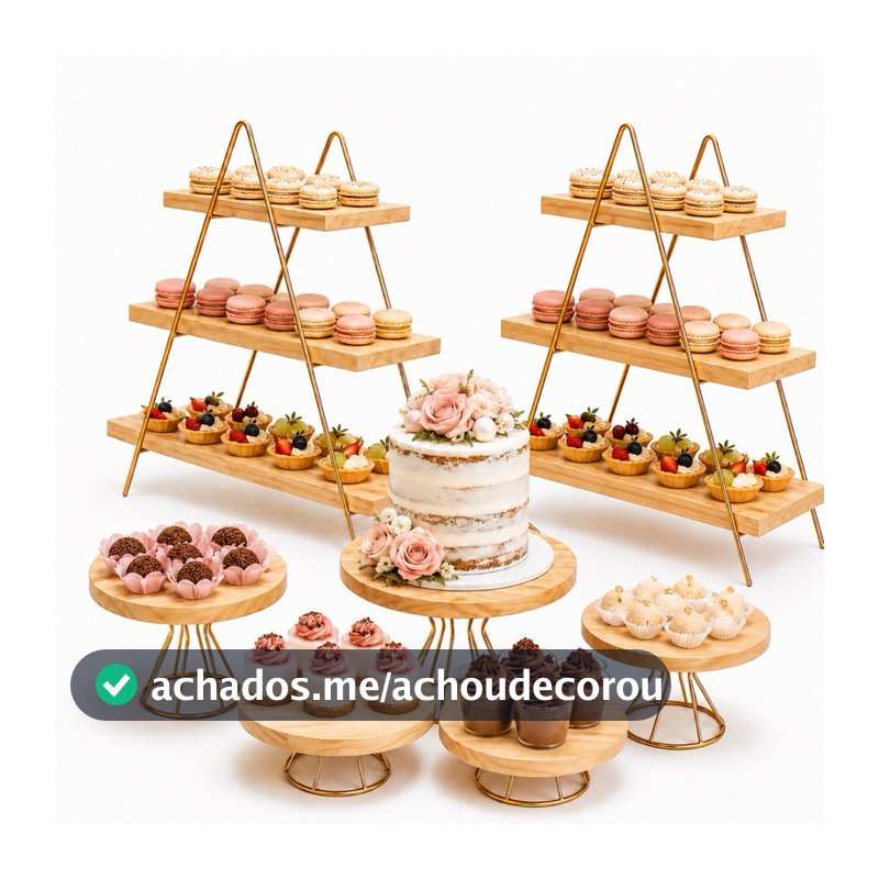 Kit Festa Completo – 5 Boleiras + 2 Doceiras Escada Douradas, Decorações Festas Aniversário, eventos