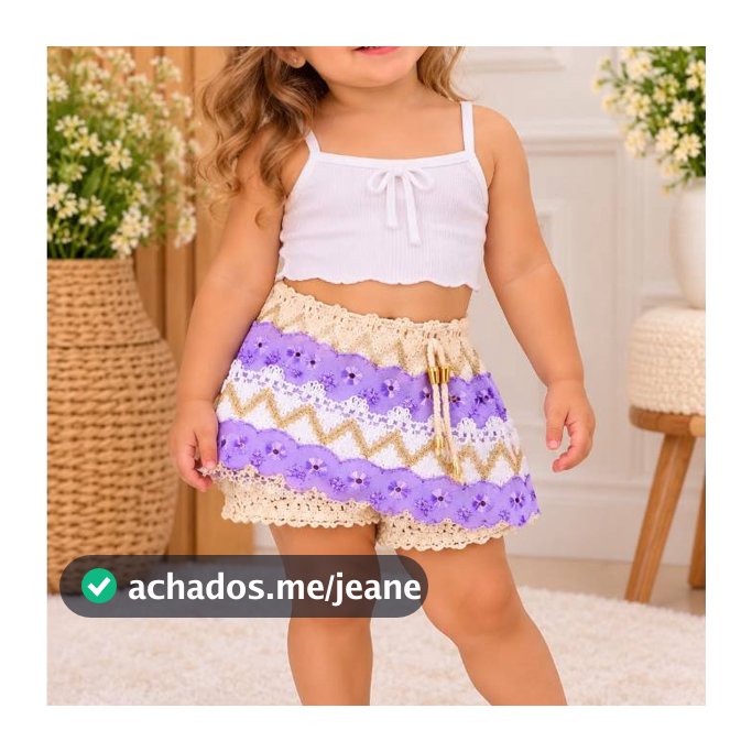 Shorts Saia Babado Infantil Crochê e Rendinha Meninas 01 a 03 Anos Moda Verão