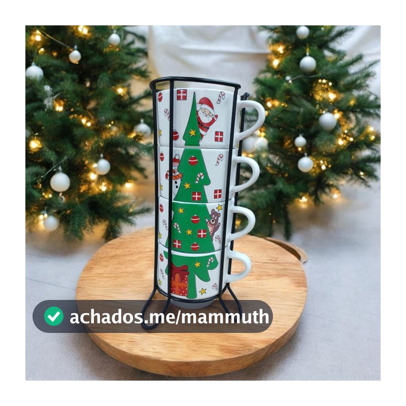Jogo De 4 Xicaras 210ml Café Chá Porcelana Arvore de Natal Com Suporte de Metal