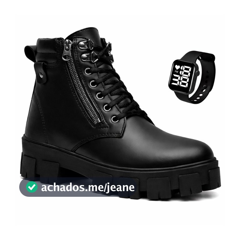 Coturno Bota Tratorada Feminina Cano Curto Zíper Sola Alta Blogueira Moda Leve Confortável + Relógio