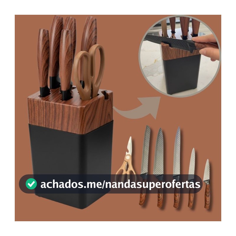 Jogo de Facas 7 Peças Aço Inox com Cepo e Tesoura Cozinha Kit Completo Faqueiro Bancada Gourmet