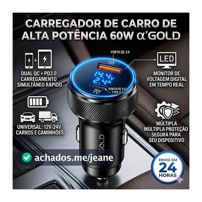 Carregador Veicular Turbo 60W USB-C PD + USB QC3.0 Carga Rápida Display LED Digital 12V/24V