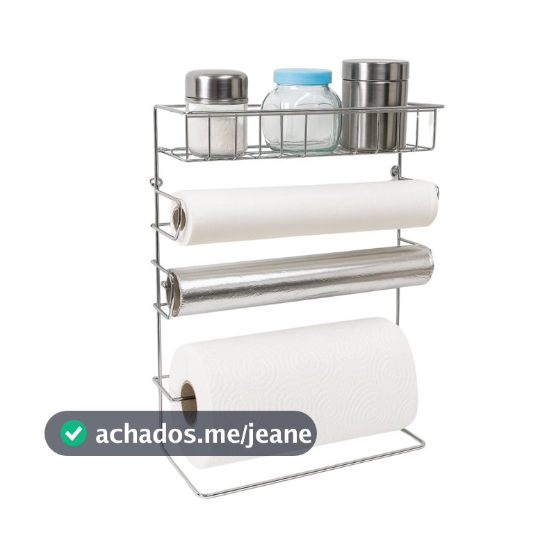 Organizador Cook 4 em 1 Suporte Porta Rolos e Temperos Aço Cromado Para Parede Cozinha