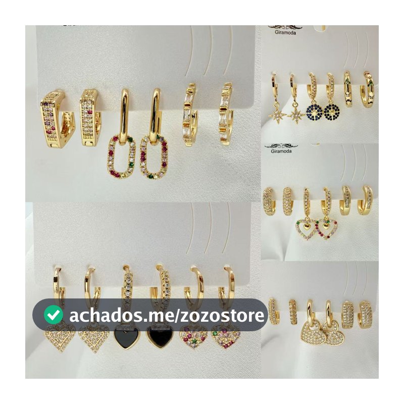 Kit 3 Pares de Brincos Femininos Banhados a Ouro 18K e Prata 925, Coração, Argola e Zircônias Coloridas