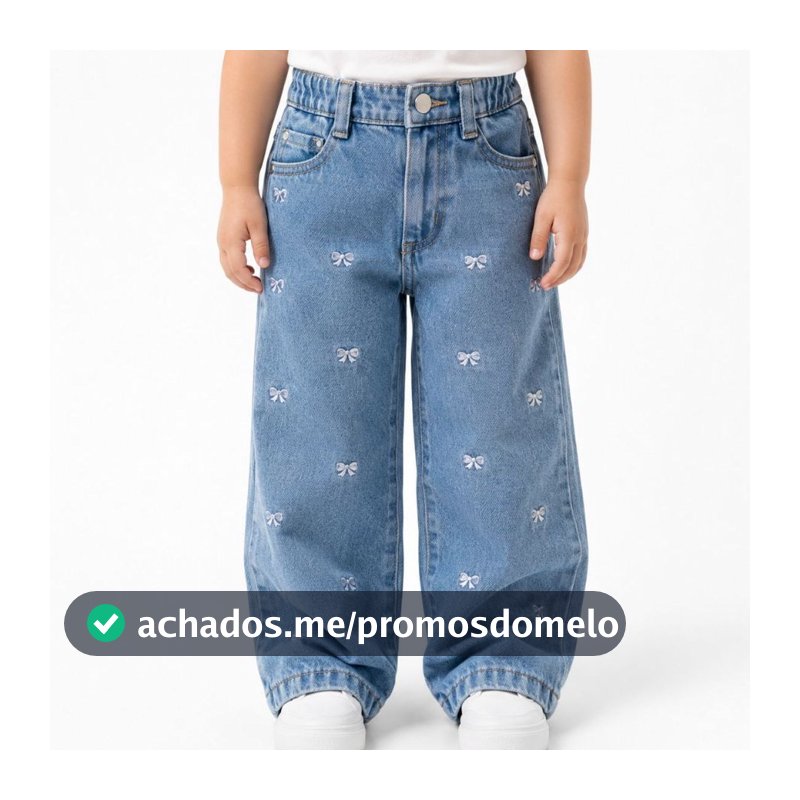 Calça Jeans Wide Leg Infantil Menina Com Bordado Laço Moda Gringa Luxo 100% Algodão 1 a 3 anos