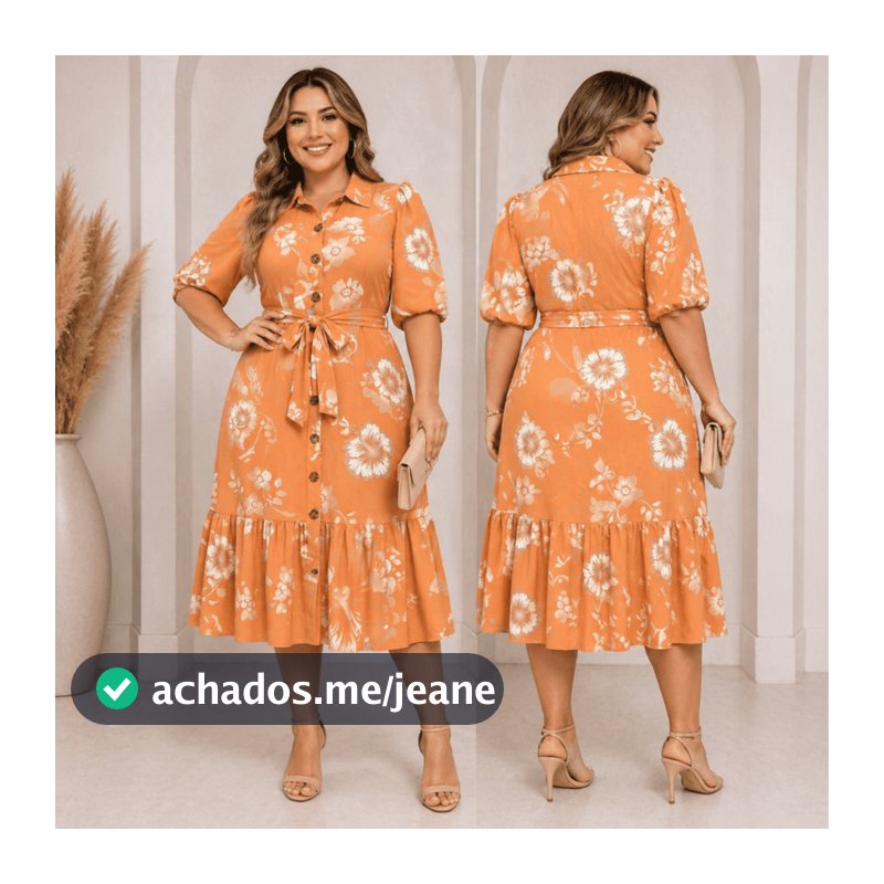 Vestido Chemise Midi Estampado Floral Plus Size Elegante Tecido Crepe Dunas Moda Evangélica Botões Frontais