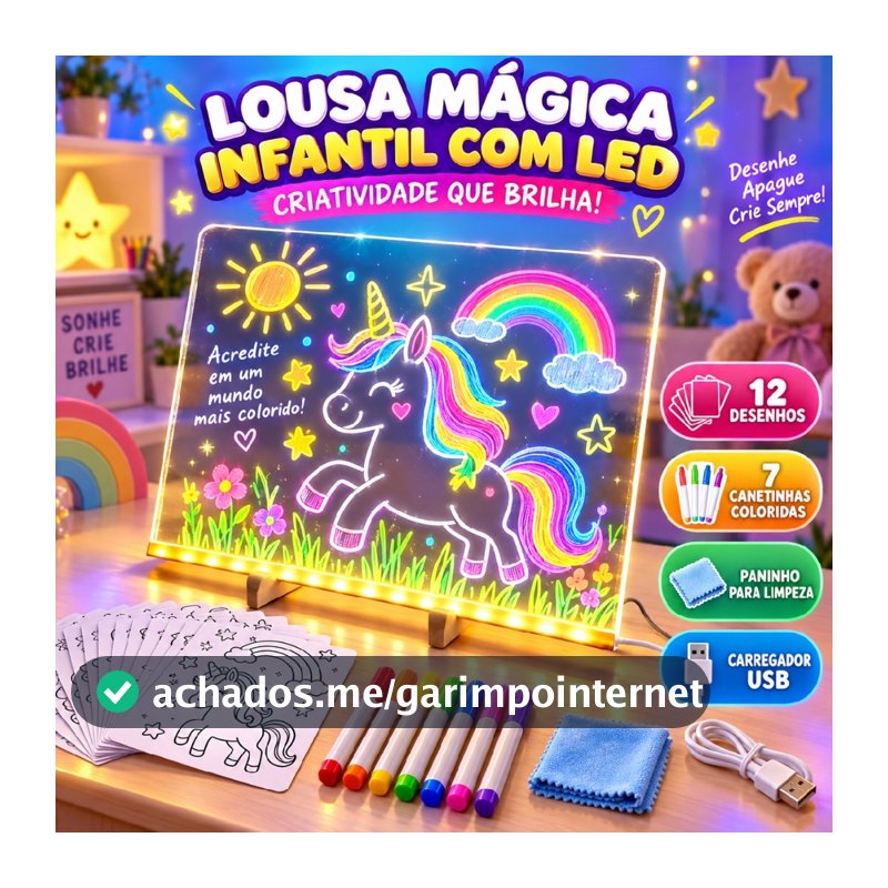 Lousa Mágica LED Escreve e Apaga Infantil Luminária Brinquedo para Crianças Porta Retrato + Desenhos e Canetinhas