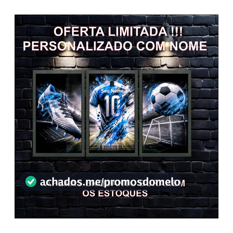 Kit 3 Quadros Decorativos Infantil Futebol, Personalizado com Nome, Camisa, Chuteira, Bola, Quarto