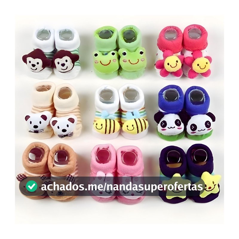Kit com 10 Pares de Meia Bebê Infantil Menino e Menina com Bichinhos e Chocalho Sapatinhos