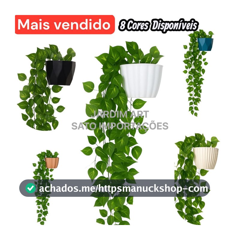 1 Kit Vaso Plastico Ceremico + 2 Planta Pendurada Verde  Artificial Parede Varanda pendente verde caida Enfeite