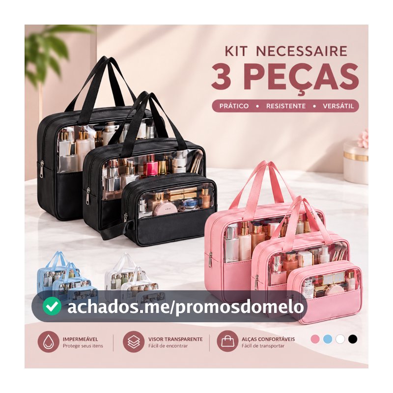Kit 3 Necessaires Transparentes Grande Capacidade Para Cosméticos e Maquiagem Organizador de Viagem