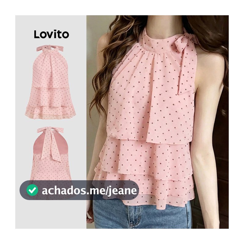Lovito Blusa Rosa Elegante De Bolinhas Com Decote Halter Sem Mangas E Camadas De Babados Para a Primavera/verão E Para O Trabalho Feminina LR41E059