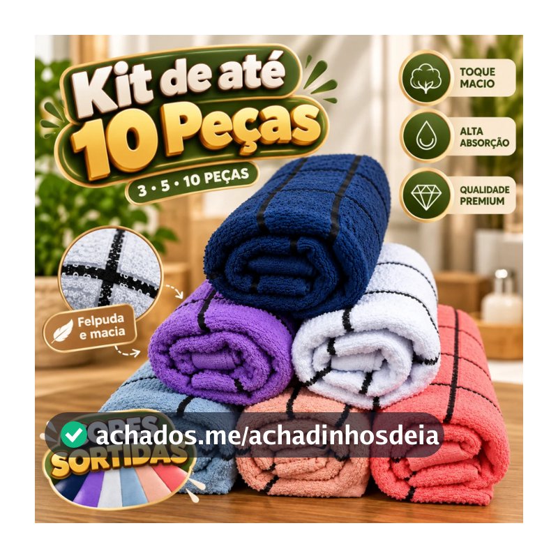 Kit Toalha de Copa Atoalhado Felpudo Xadrez Macio 100% Algodão Cozinha
