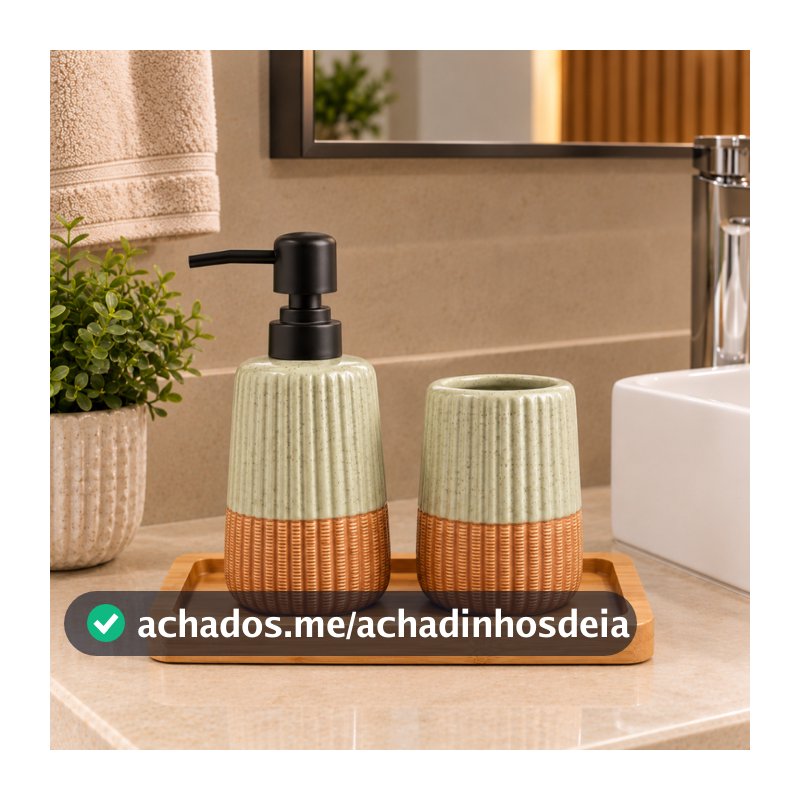 Kit Banheiro Lavabo 2 Peças + Bandeja de Bambu Porta Sabonete Líquido Suporte p/Escovas Em Cerâmica