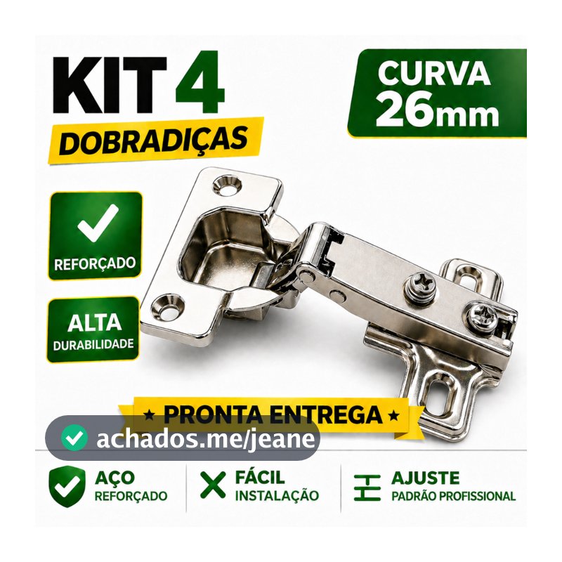 Kit 4 Dobradiça 26mm Curva Armário Porta Móveis Cozinha Guarda Roupa
