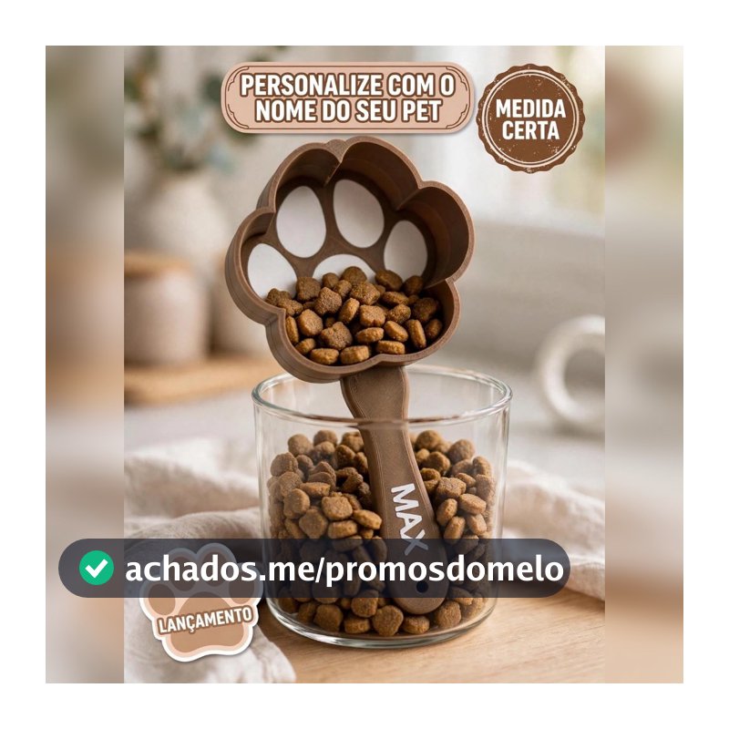 Pá Dosadora de Ração Personalizada com Nome do Pet | Medidor Formato Patinha Cães e Gatos