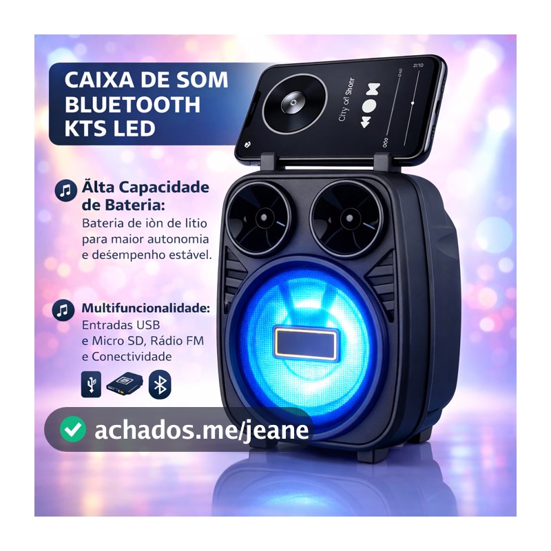 Caixa Som Bluetooth KTS Potente Recarregavel Radio FM Portatil LED Alto Falante Compacto