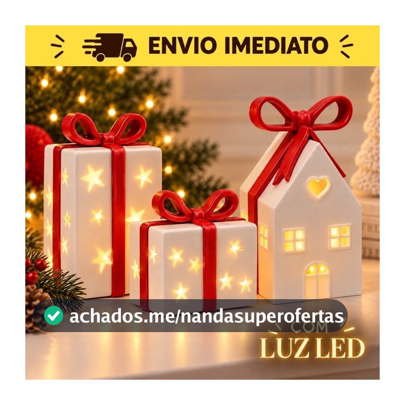 Kit Decoração de Natal Iluminada com LED Caixas de Presente e Casinha com Laço Natalino para Mesa e Enfeite de Natal
