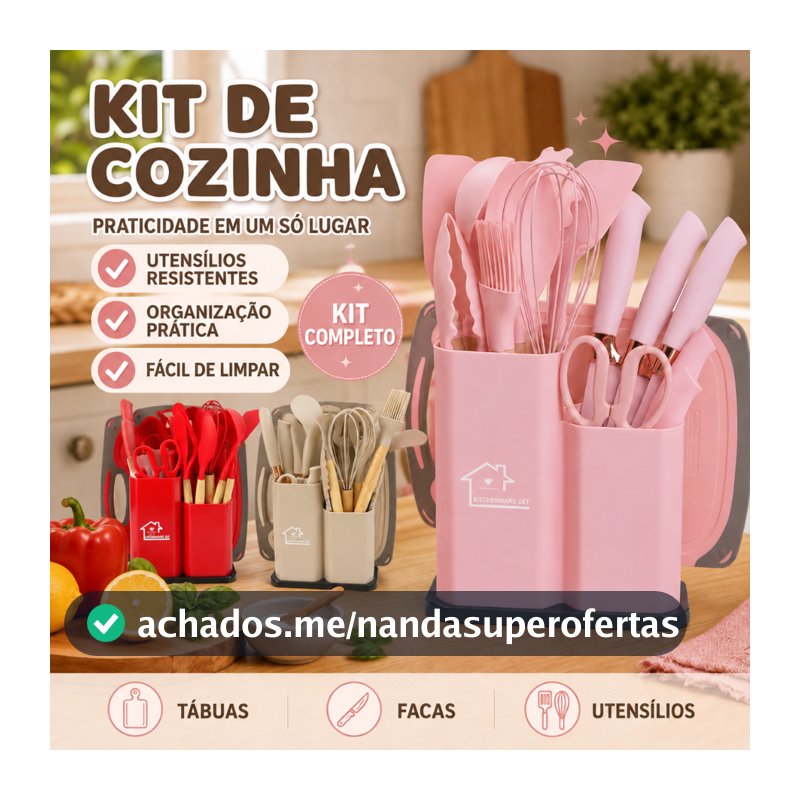 Kit de Cozinha 19 Peças com Utensílios de Silicone, Facas, Tábuas e Suporte Organizador Completo