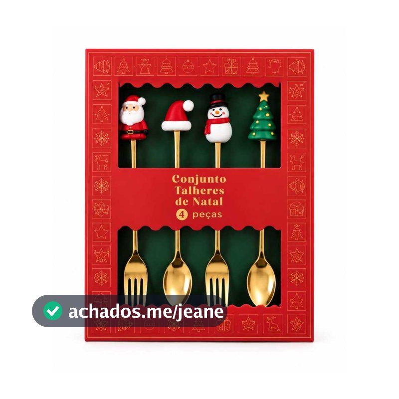 Conjunto Talheres de Natal 4 Peças Dourado Garfo Colher Decorado Papai Noel Boneco de Neve Árvore Natalina