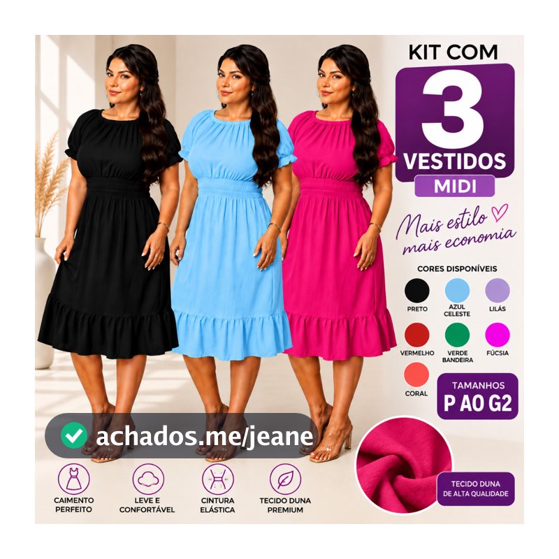 Kit 3 Vestido Midi Feminino Elegante Tecido Duna Cintura Elástica M ao G2 Moda Evangélica