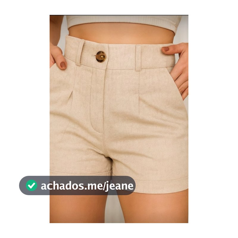 Shorts Feminino de Linho Cintura Alta Bolso Faca Elegante Simples Zíper Botão