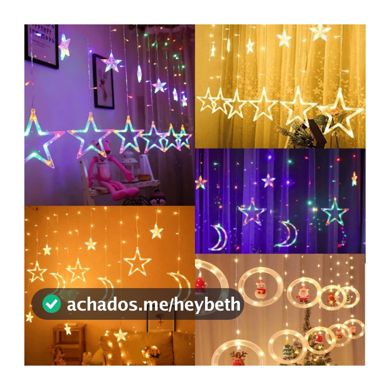 Cascata Led Pisca Pisca Cortina Luz RGB Amarela Decoração Natal Estrela Lua Papai Noel Neve Sacada