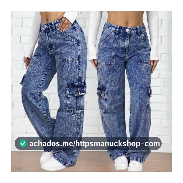Calça Wide Leg Jeans Feminina Cargo Cintura Alta 100% Algodão Pantalona Premium