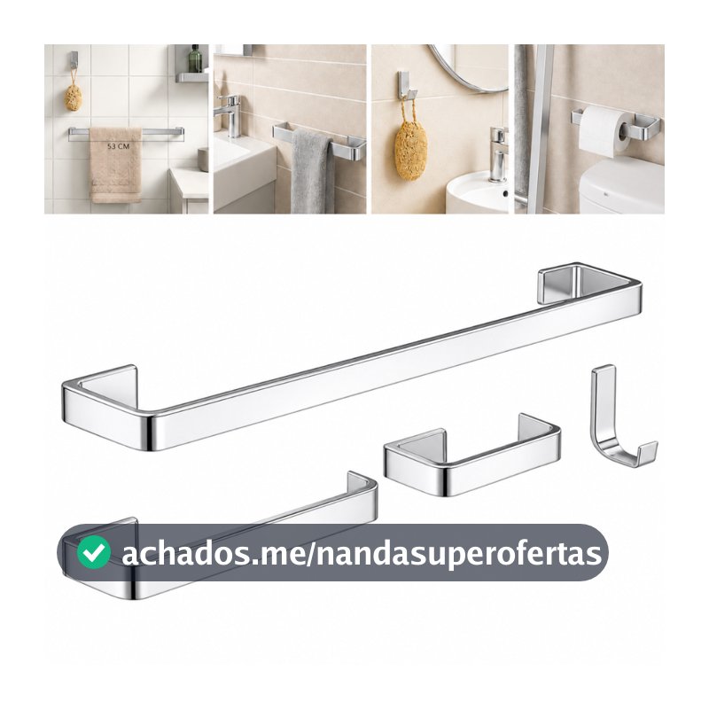 Kit para Banheiro Quadrado Cromado 4 Peças- Inox Alumínio Acessório Conjunto de Banheiro Completo