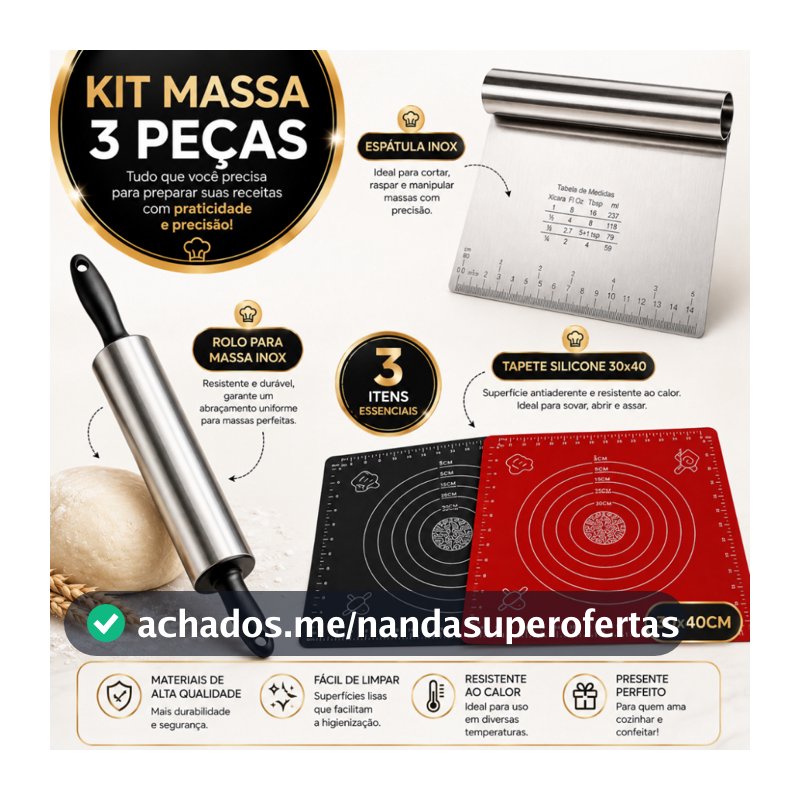 KIT MASSA , PAO, CONFEITARIA, BOLO, Rolo Inox profissional , Espátula inox, Tapete siicone