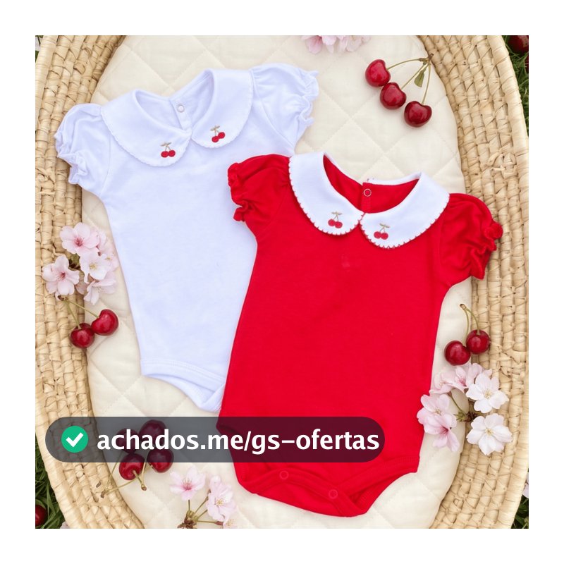 Kit 2 Bodys Menina Verão Manga Curta Bufante RN ao G 100% Algodão Cereja