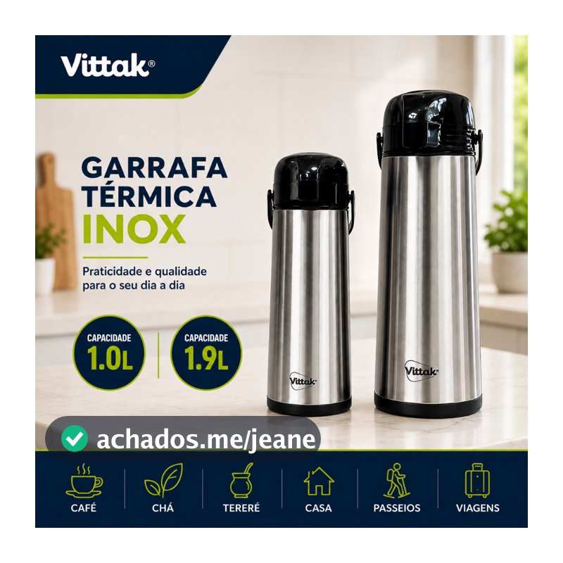 Vittak Garrafa Térmica Café 1L e 1,9L Inox De Pressão Apertar Hotel Pousada Bebidas Quentes Frias Chá Leite Suco