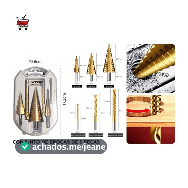 Kit Brocas Escalonadas HSS Titânio Jogo 6 Peças Para Metal Madeira Furadeira Com Estojo