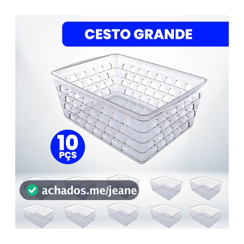 Kit com 10 Cestos Organizadores Multiuso Transparente 21,5x17x7,5cm Grande