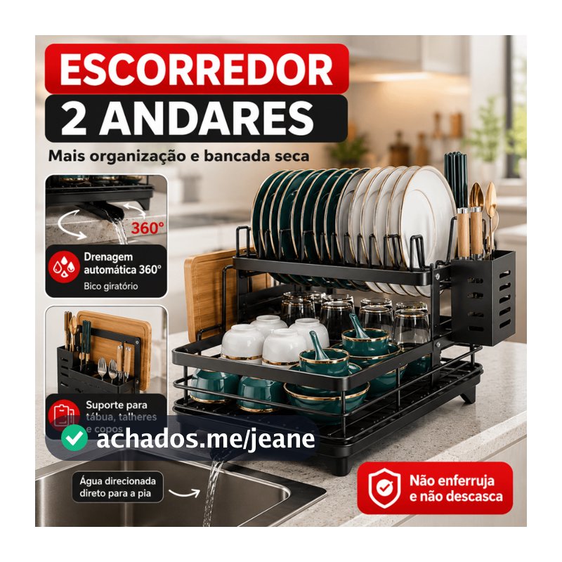 Escorredor de Louça Inoxidável Rack 2 Andares Drenagem Automática Bandeja 360º Organizador Pia