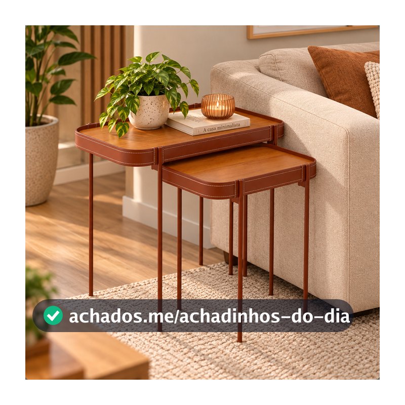 Mesa Lateral Melin Pés de Ferro Cobre Borda em Couro Sintético Mesa de Apoio Sala Nature