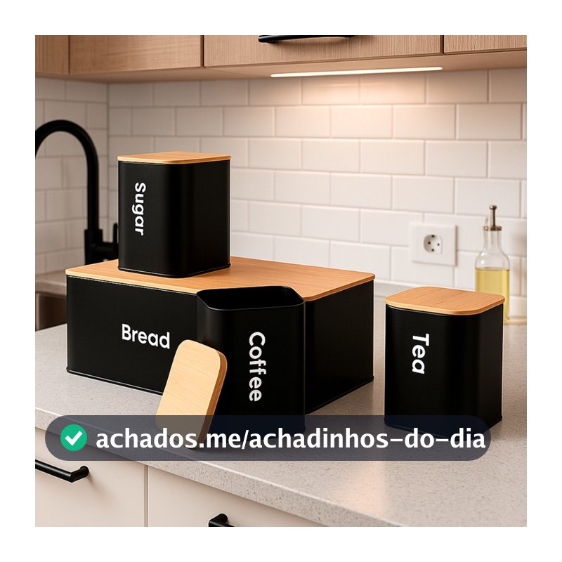 Kit 4 Potes de Metal com Tampa de Bambu – Organizador Hermético para Café, Açúcar, Chá e Pão