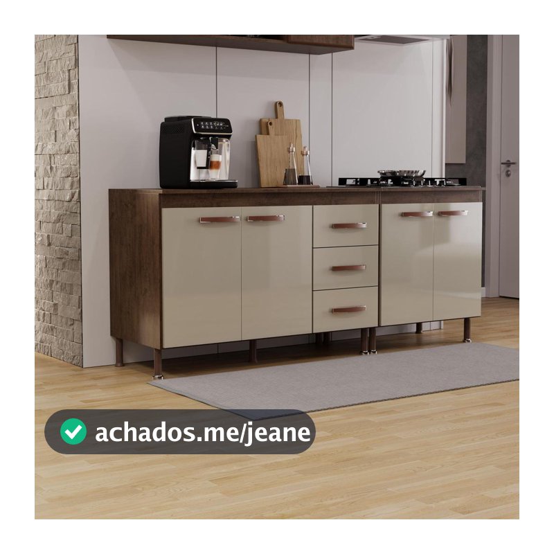 Kit 2 Balcões Modulados Gabinete Pia 120cm e Cooktop 70cm Com Tampo Lisboa Fidelitá Noce/Off-White