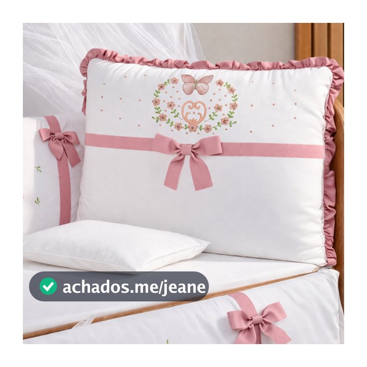 Kit Berço Menina Borboleta 10 Peças Rosê Bordado 100% Algodão Berço Americano c/ Mosquiteiro