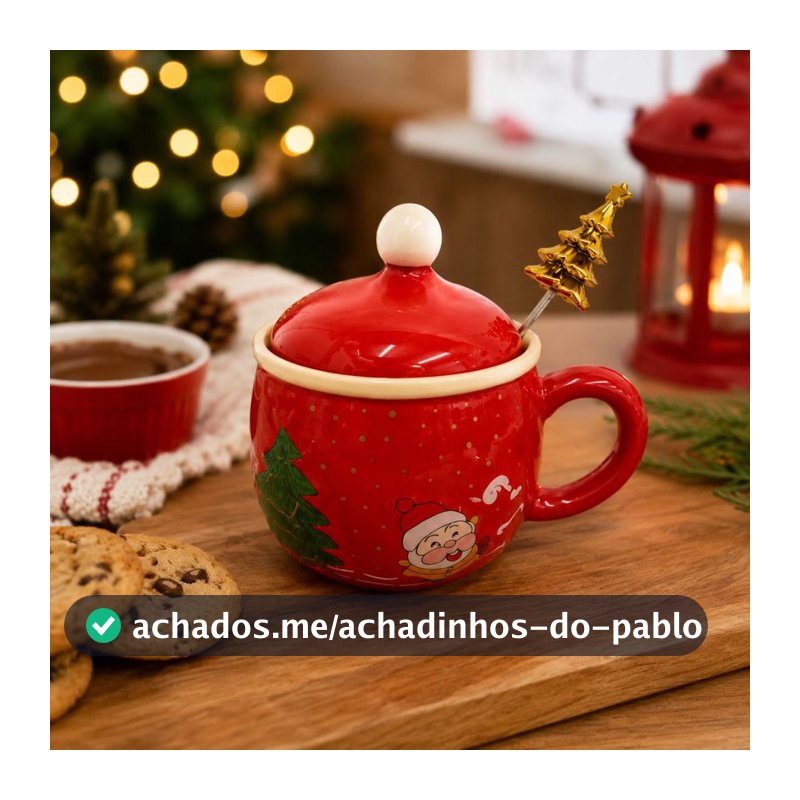 Caneca Natalina Cerâmica C/ Tampa e Colher 300ml 26891 - Vencedor