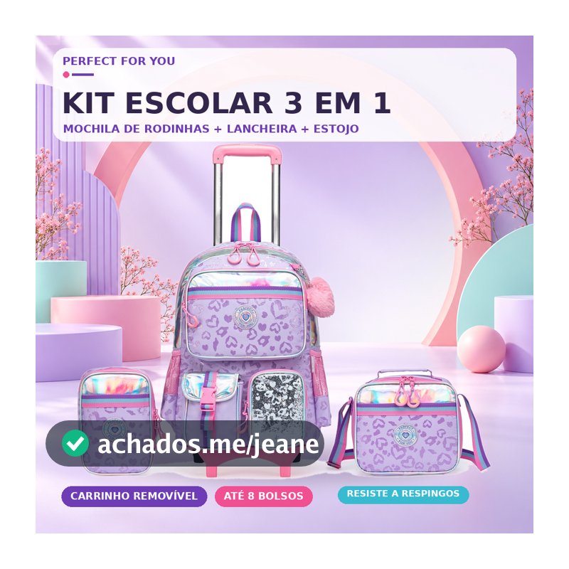 Mochila Rodinhas Escolar Feminina com Carrinho Removível e Lancheira Térmica