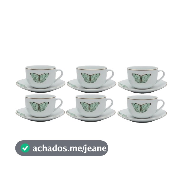 Jogo 6 Xicaras Com Pires Café Borboleta Porcelana 80 ml