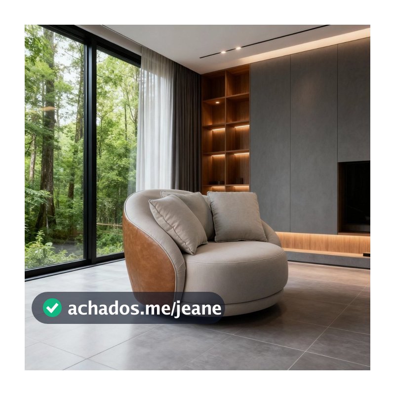 Poltrona Ibiza Giratória Linho Bege Corino Caramelo 122cm Almofadas Premium Para Sala