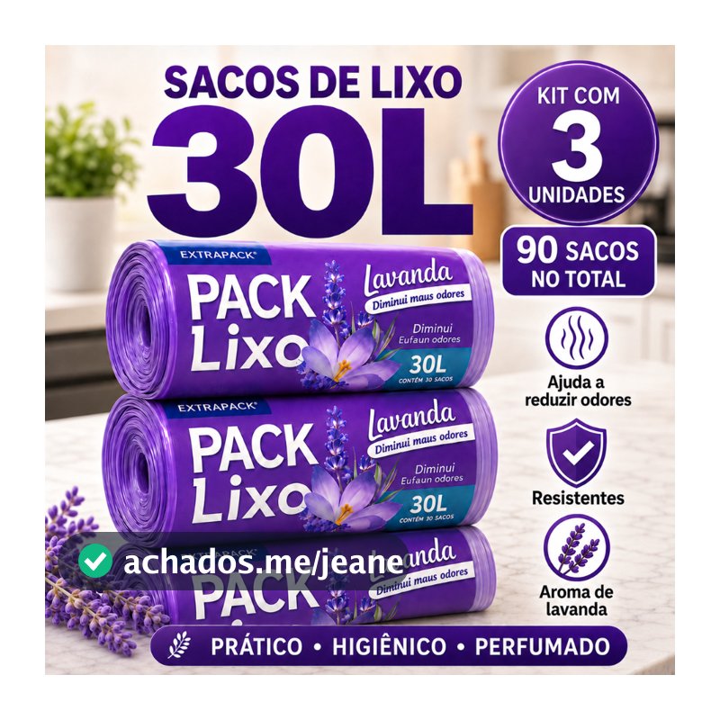 Kit 3 Saco De Lixo 30L Perfumado Lavanda Neutra Odores Reforçado Cozinha Banheiro Casa 59x62